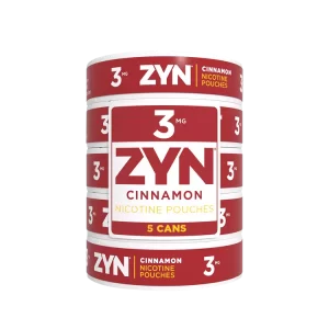 ZYN Cinnamon 3mg roll with 5 cans of sweet and spicy nicotine pouches.