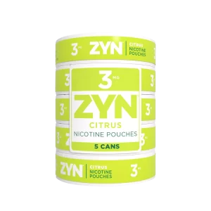 ZYN Citrus 3mg – 1 Roll with 5 cans, featuring bright citrus-themed packaging and sleek design.