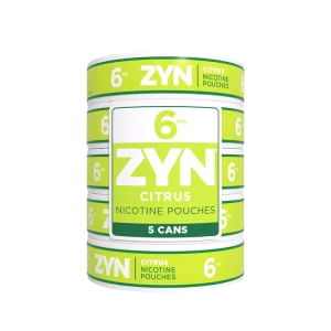 ZYN Citrus 6mg – 1 Roll with 5 cans, featuring bright citrus-themed packaging and clean, modern design.