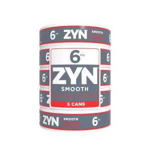 ZYN Smooth 6mg – 1 Roll with 5 cans, showcasing sleek white design and neatly stacked sealed packaging.