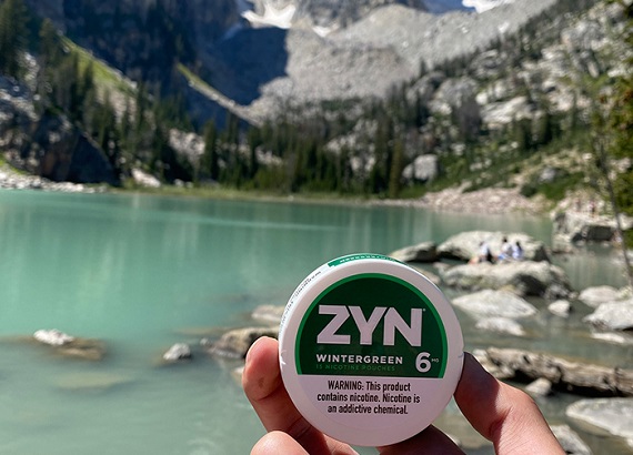 ZYN Wintergreen 6mg pouch held outdoors in the mountains